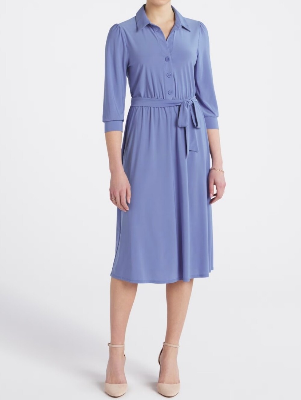 NWT Kaileigh Periwinkle Shirt‑Collar Midi Dress with Tie Waist, Size L